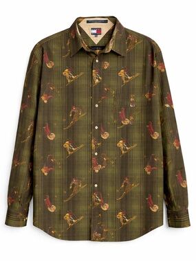 Vintage Tommy Hilfiger Green Ski Print Button-Up Shirt XL Retro 90s Preppy